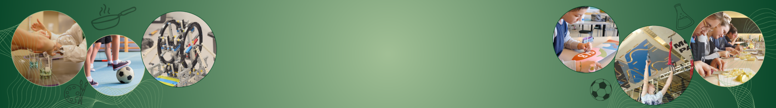 Bannière horizontale sur fond vert dégradé, illustrant diverses activités scolaires et parascolaires à travers des vignettes circulaires pour le programme Découverte.