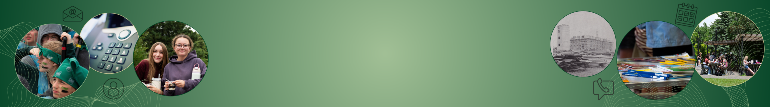 Bannière horizontale sur fond vert dégradé, illustrant la vie étudiante, les événements et l'histoire de l'établissement à travers des vignettes circulaires pour la page Contact.