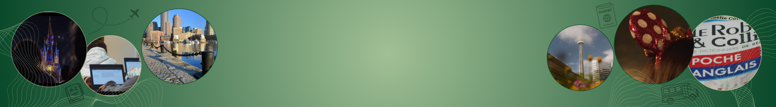 Bannière horizontale sur fond vert dégradé, évoquant les thèmes des voyages, des études et des séjours linguistiques à travers des vignettes circulaires pour le programme Immersion anglaise.