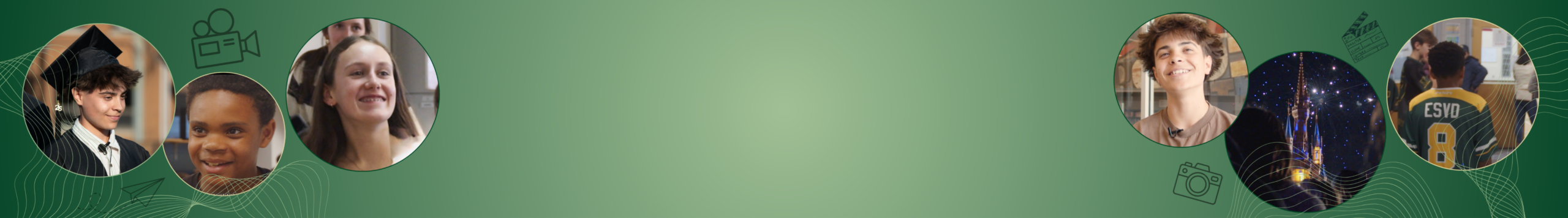 Bannière horizontale sur fond vert dégradé, mettant en valeur les visages souriants de la jeunesse et des moments de vie scolaire à travers des vignettes circulaires de la web-série.