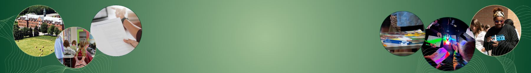 Bannière panoramique sur fond vert dégradé, décorée de lignes abstraites, présentant des photographies circulaires axées sur les infrastructures scolaires, le travail administratif et les activités scientifiques ou artistiques.