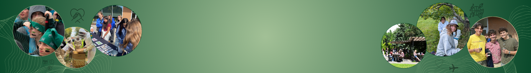 Bannière panoramique sur fond vert dégradé, décorée de lignes abstraites et de petites icônes (mains en forme de cœur, avion), présentant des photographies circulaires axées sur les activités de plein air, le bénévolat et la socialisation.