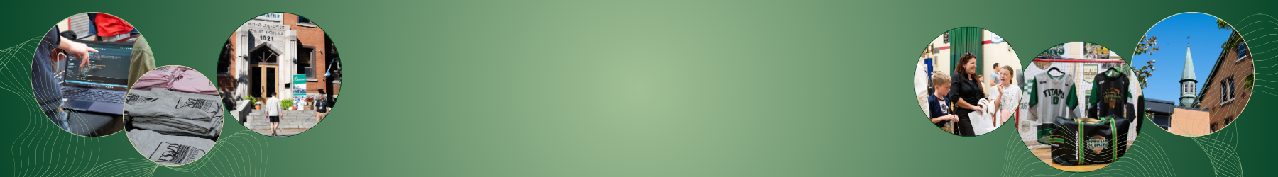 Bannière panoramique sur fond dégradé vert présentant des médaillons photographiques circulaires illustrant la vie étudiante, scolaire ou communautaire.